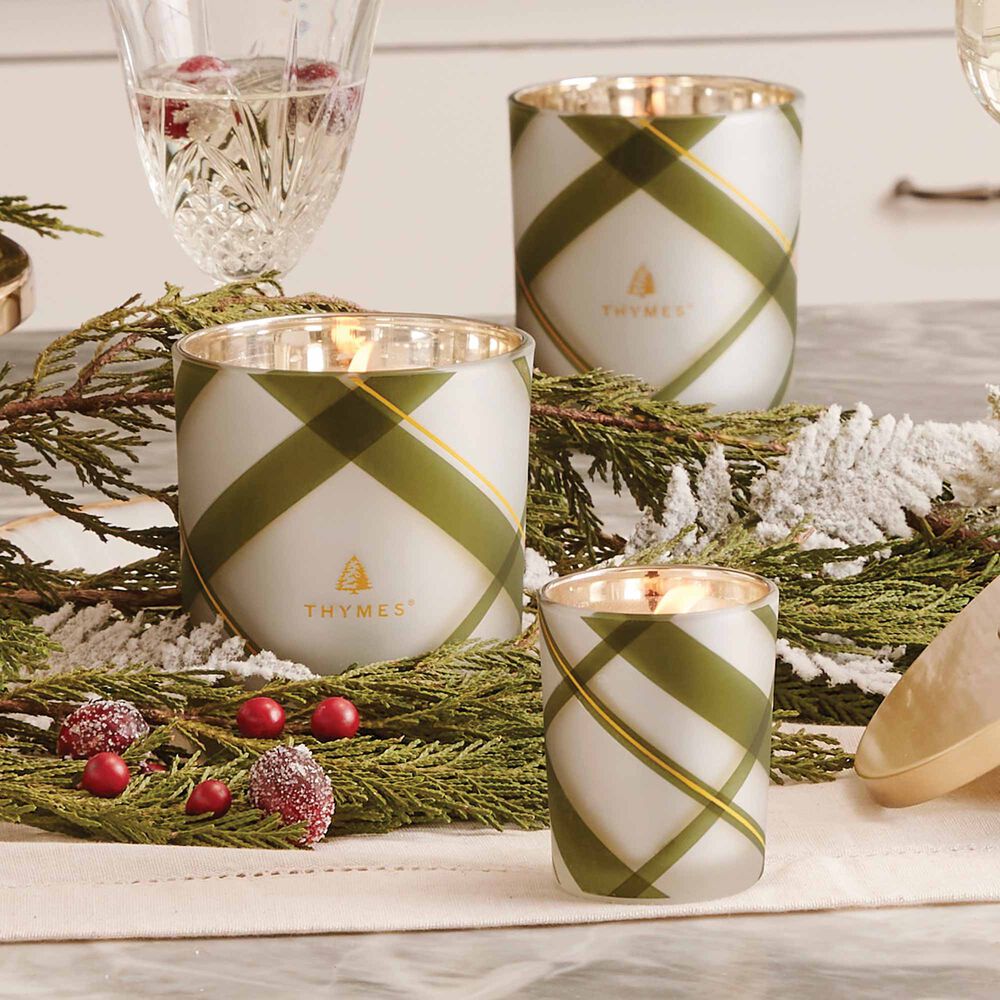 Thymes Frasier Fir Frosted Plaid Votive Candle Set on Display image number 3